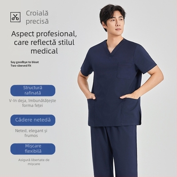 Set scrubs medicale – unisex, mâneci scurte, decolteu în V, 95% poliester, rezistent la acizi și alcalii, costum complet top+bottom