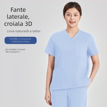 Set scrubs medicale – unisex, mâneci scurte, decolteu în V, 95% poliester, rezistent la acizi și alcalii, costum complet top+bottom