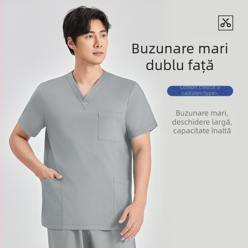 Set scrubs medicale – unisex, mâneci scurte, decolteu în V, 95% poliester, rezistent la acizi și alcalii, costum complet top+bottom