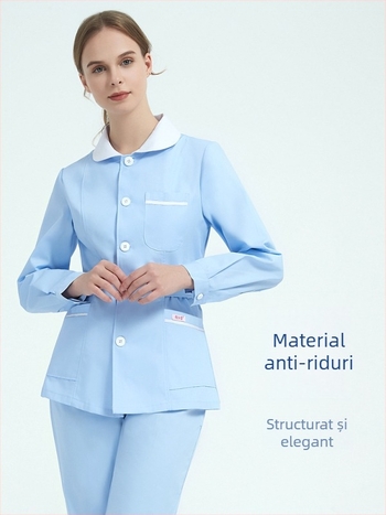 Uniformă pentru asistentă medicală, set din două părți cu guler stil păpușă, mâneci lungi, iarnă, amestec din bumbac
