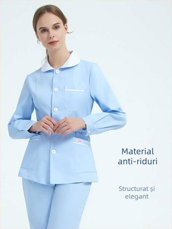 Uniformă pentru asistentă medicală, set din două părți cu guler stil păpușă, mâneci lungi, iarnă, amestec din bumbac