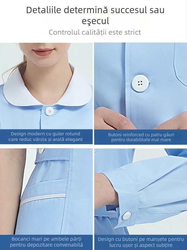 Uniformă pentru asistentă medicală, set din două părți cu guler stil păpușă, mâneci lungi, iarnă, amestec din bumbac
