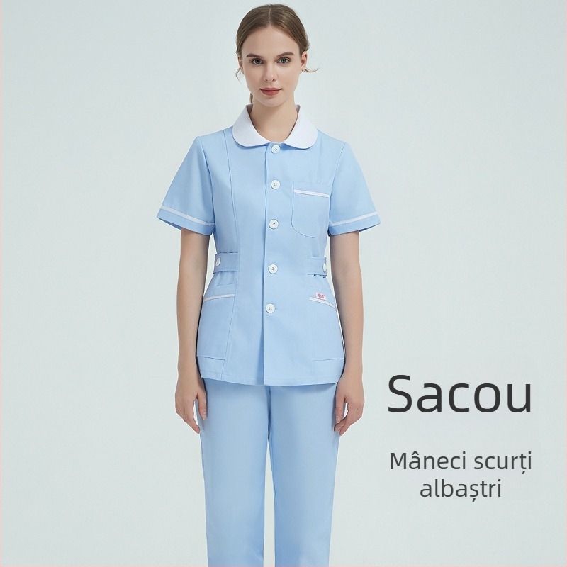 Uniformă pentru asistentă medicală, set din două părți cu guler stil păpușă, mâneci lungi, iarnă, amestec din bumbac