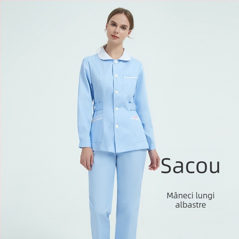 Uniformă pentru asistentă medicală, set din două părți cu guler stil păpușă, mâneci lungi, iarnă, amestec din bumbac