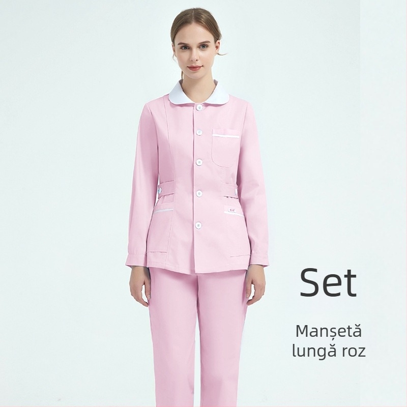 Uniformă pentru asistentă medicală, set din două părți cu guler stil păpușă, mâneci lungi, iarnă, amestec din bumbac