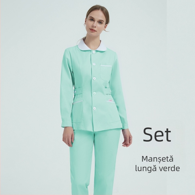 Uniformă pentru asistentă medicală, set din două părți cu guler stil păpușă, mâneci lungi, iarnă, amestec din bumbac