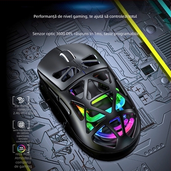 Mouse de gaming wireless, DPI 3500, baterie reîncărcabilă de 500 mAh, interfață USB, rază de până la 10 m.