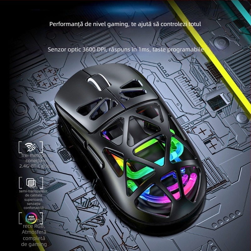 Mouse de gaming wireless, DPI 3500, baterie reîncărcabilă de 500 mAh, interfață USB, rază de până la 10 m.