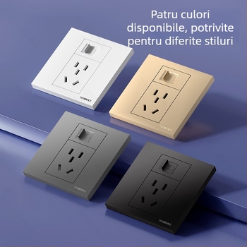 Panou de perete tip 86, ascuns, cu port Cat6 pentru rețea și priză de alimentare cu 5 pini, 16 A, 220 V, contacte din bronz staniu-fosfor, certificat 3C