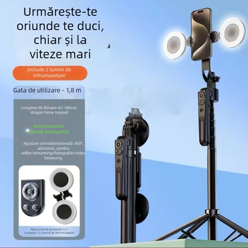 Baston pentru selfie cu urmărire AI, stabilizator 360°, recunoaștere facială AI, difuzare live, corp din aliaj de aluminiu