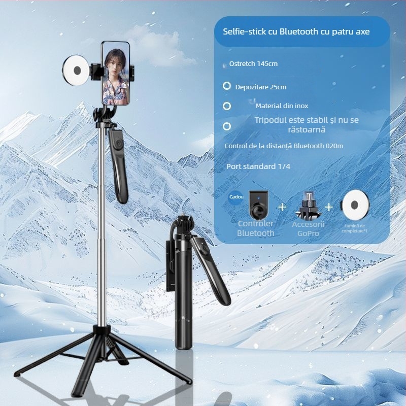 Stabilizator gimbal de mână pentru telefoane mobile cu Bluetooth, telecomandă, lumină de filmare și trepied — ABS + oțel inoxidabil, model Z145