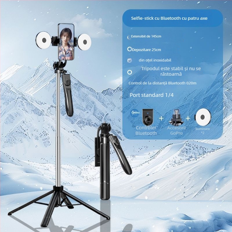 Stabilizator gimbal de mână pentru telefoane mobile cu Bluetooth, telecomandă, lumină de filmare și trepied — ABS + oțel inoxidabil, model Z145