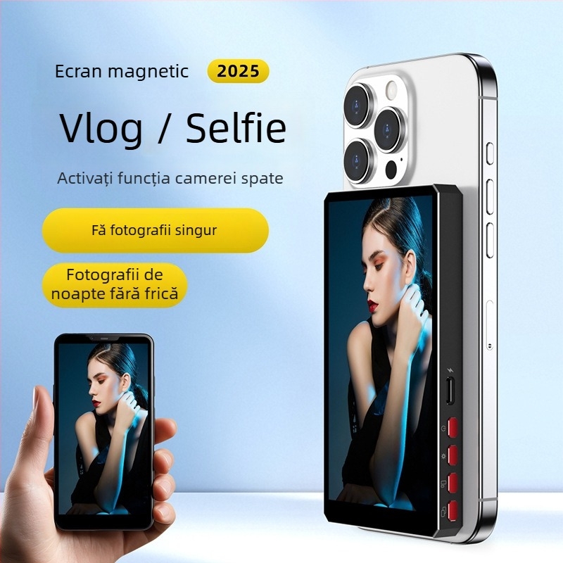 Pt004 Dispozitiv de mirroring a ecranului telefonului din aliaj de aluminiu, Bluetooth wireless, ecran selfie magnetic pe partea din spate, compatibil Android, iOS și HarmonyOS