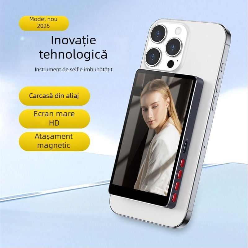 Pt004 Dispozitiv de mirroring a ecranului telefonului din aliaj de aluminiu, Bluetooth wireless, ecran selfie magnetic pe partea din spate, compatibil Android, iOS și HarmonyOS