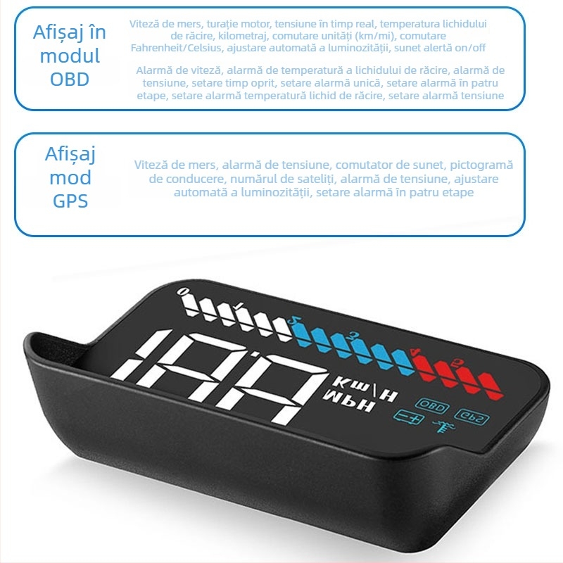 Display HUD pentru mașini cu OBD, imagine holografică 360°, GPS, vitezometru și măsurător multiplu — control manual, alimentare cu baterie