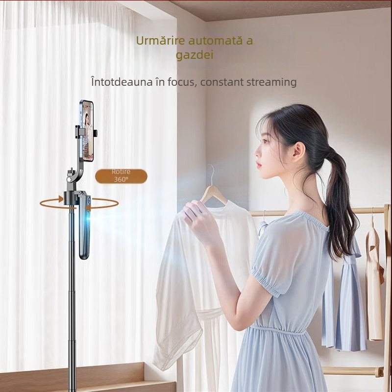 Selfie stick cu gimbal rotativ de 360°, urmărire automată cu recunoaștere facială AI pentru streaming live, din aliaj de aluminiu