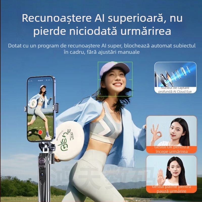 Selfie stick cu gimbal rotativ de 360°, urmărire automată cu recunoaștere facială AI pentru streaming live, din aliaj de aluminiu
