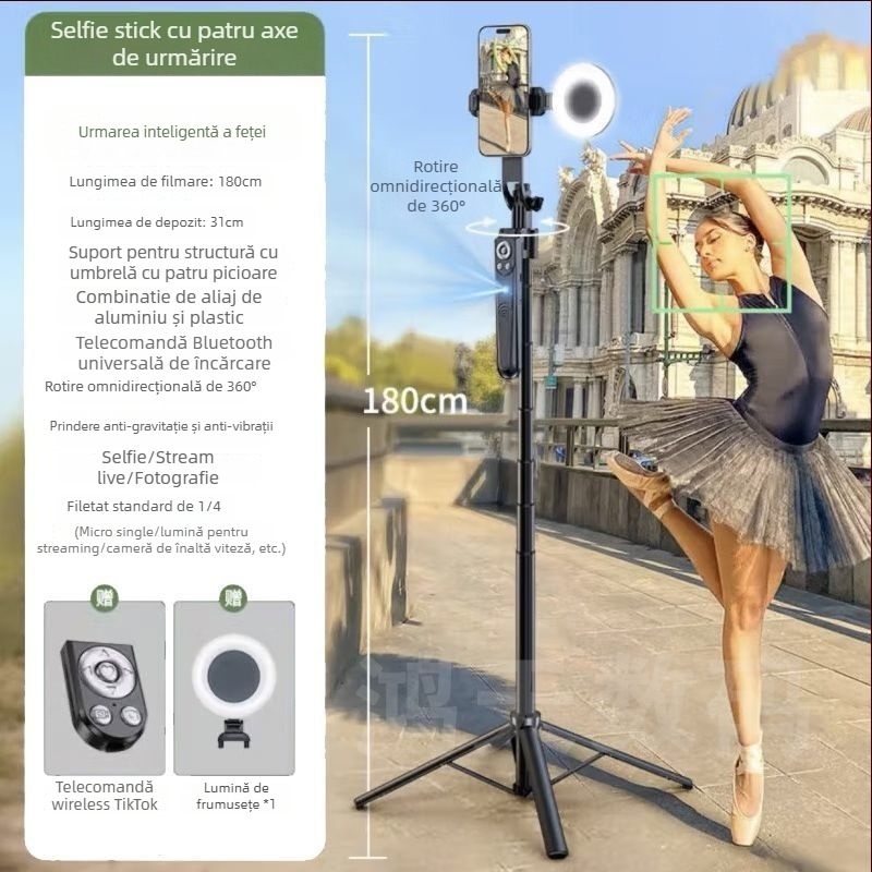 Selfie stick cu gimbal rotativ de 360°, urmărire automată cu recunoaștere facială AI pentru streaming live, din aliaj de aluminiu