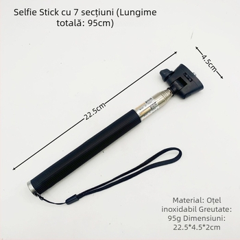Selfie stick telescopic din oțel inoxidabil cu 7 secțiuni pentru GoPro și camere de acțiune; suportă până la 2 kg