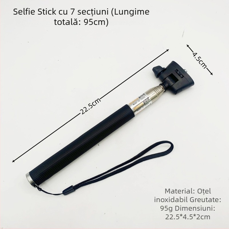 Selfie stick telescopic din oțel inoxidabil cu 7 secțiuni pentru GoPro și camere de acțiune; suportă până la 2 kg