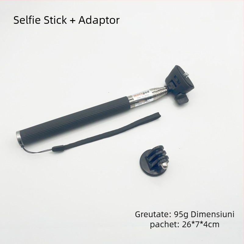 Selfie stick telescopic din oțel inoxidabil cu 7 secțiuni pentru GoPro și camere de acțiune; suportă până la 2 kg