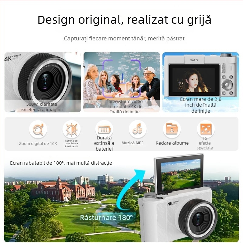 Cameră digitală pentru copii cu design rezistent la căderi, senzor CMOS 14MP, zoom optic 3x, ecran rotativ de 3,0 inch, stabilizare electronică a imaginii