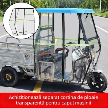 Acoperiș pentru tricicletă electrică cu capac frontal, cortină de ploaie separată și protecție complet închisă împotriva ploii