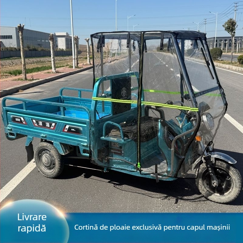 Acoperiș pentru tricicletă electrică cu capac frontal, cortină de ploaie separată și protecție complet închisă împotriva ploii