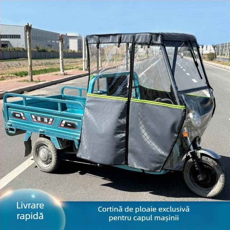 Acoperiș pentru tricicletă electrică cu capac frontal, cortină de ploaie separată și protecție complet închisă împotriva ploii