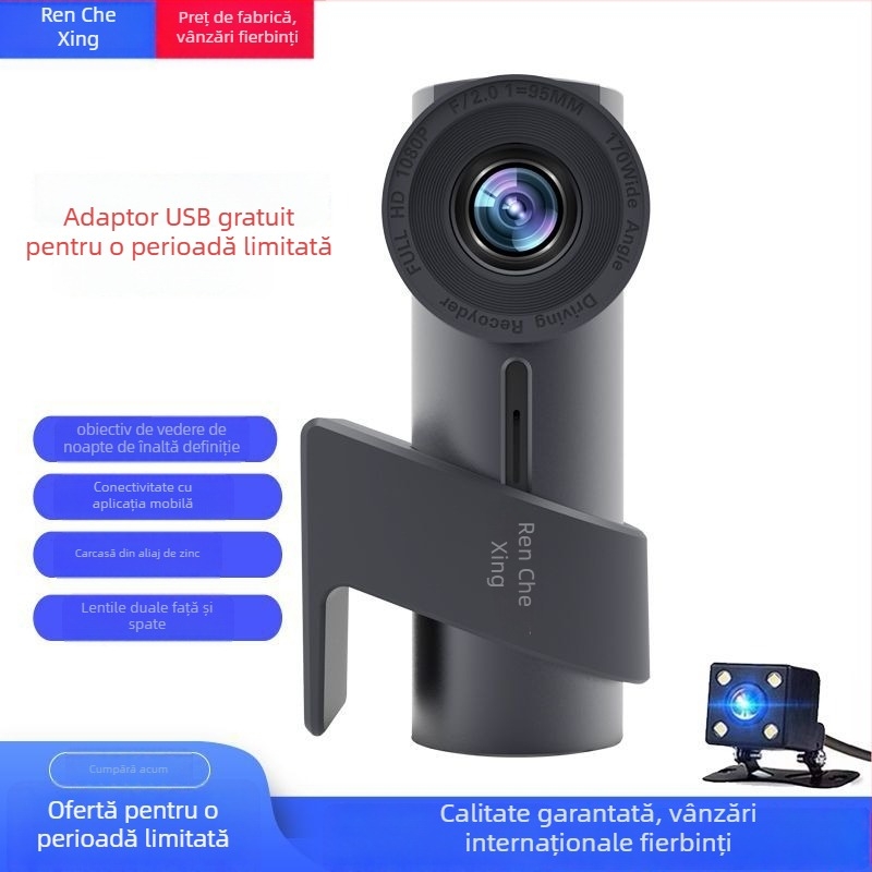 Camera de bord auto cu vedere noaptea și WiFi; montare pe parbriz, 1080p/2560x1440, suport TF card