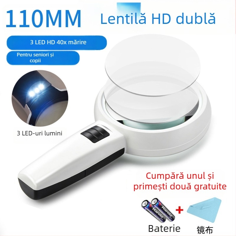 Lupă de mărire 40x cu sticlă optică, portabilă, iluminare LED, pentru reparații și evaluări