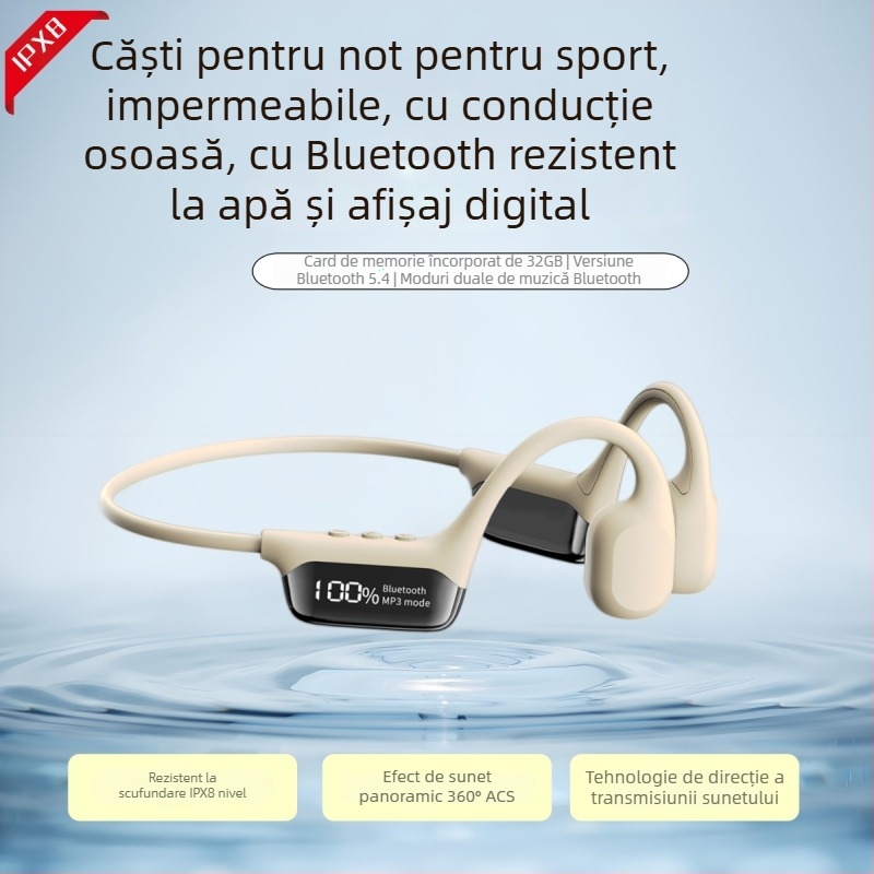 Căști cu conductie osoasă pentru înot, Bluetooth, afișaj digital, 32GB stocare, IPX8 rezistente la apă