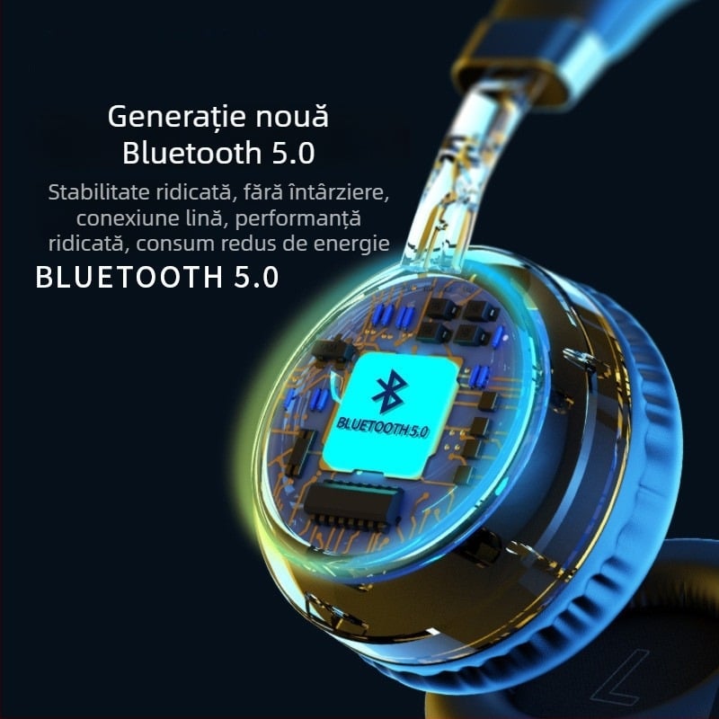 Căști Bluetooth pentru cap cu subwoofer - căști wireless pentru gaming și convorbire, Bluetooth 5.3, rază de 10 m, montare pe cap, stereo, autonomie >8 ore