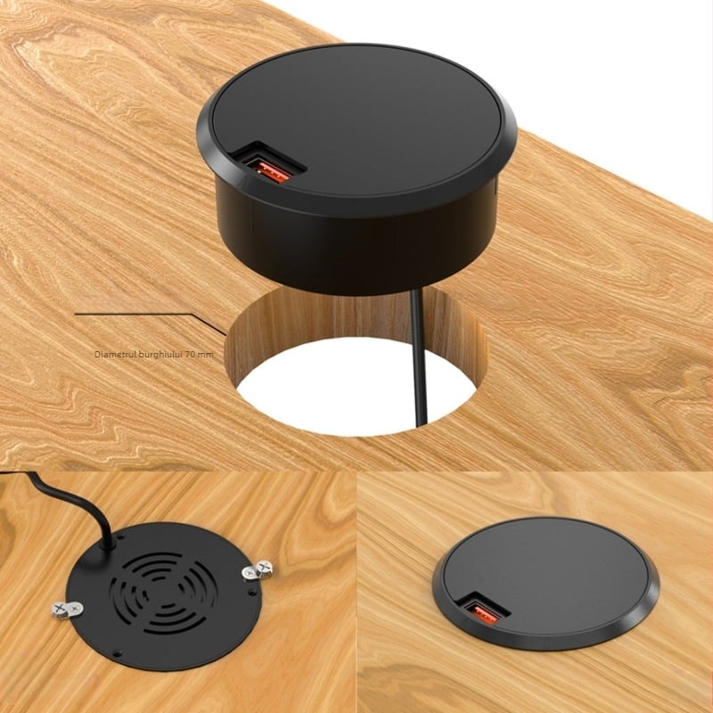 Încărcător wireless USB-C PD45W pentru laptopuri și telefoane, în mobilier de birou încastrat, QC3.0