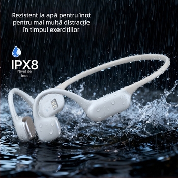 Căști cu conducere osoasă, IPX8 rezistente la apă, Bluetooth 6.0, rază de 10 m, baterie 4–8 h, purtare pe cap, stereo pe ambele canale, stil sport, silicon
