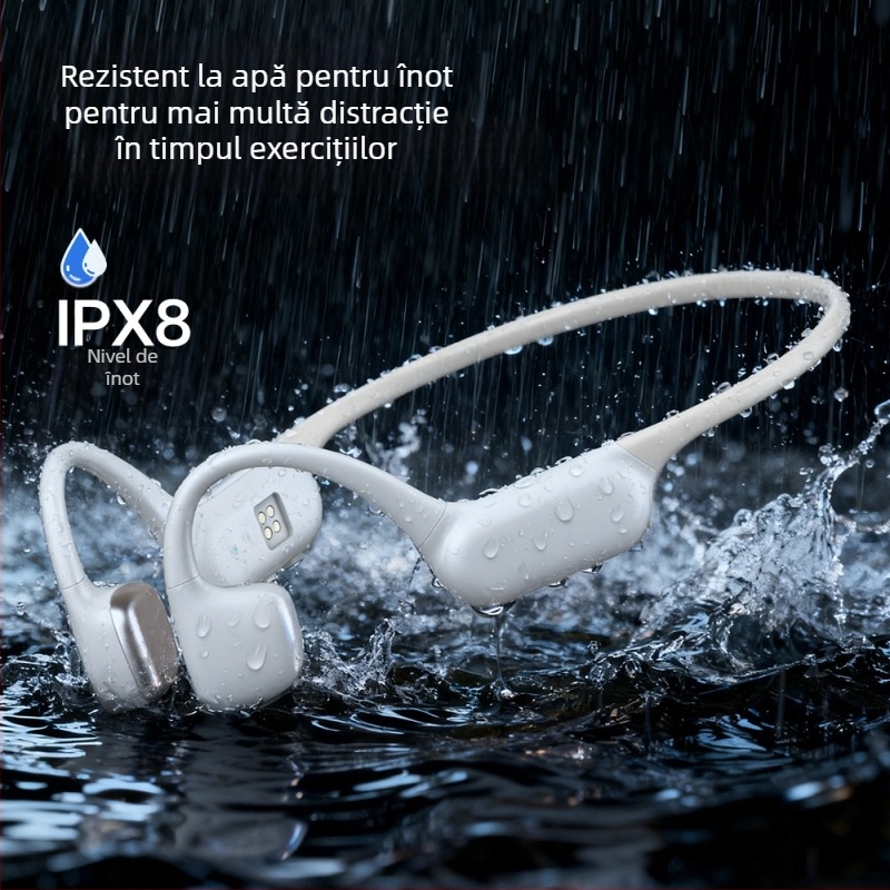 Căști cu conducere osoasă, IPX8 rezistente la apă, Bluetooth 6.0, rază de 10 m, baterie 4–8 h, purtare pe cap, stereo pe ambele canale, stil sport, silicon
