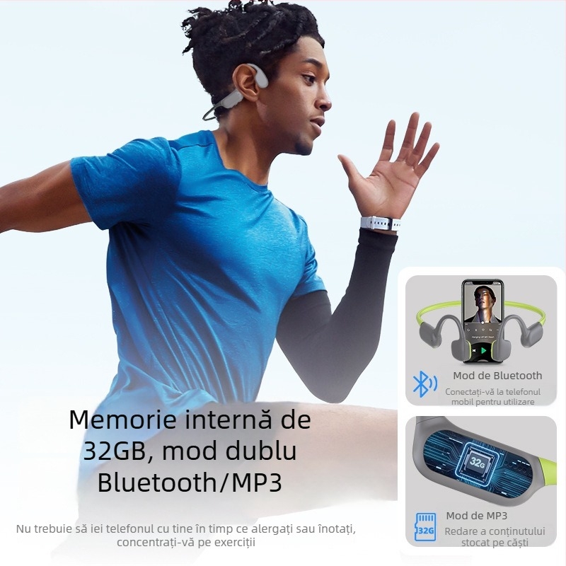 Căști cu conducere osoasă, IPX8 rezistente la apă, Bluetooth 6.0, rază de 10 m, baterie 4–8 h, purtare pe cap, stereo pe ambele canale, stil sport, silicon