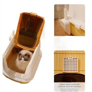 Cutie de nisip pentru pisici, intrare superioară, complet închisă, anti-stropire, control al mirosului, potrivită pentru pisicuțe