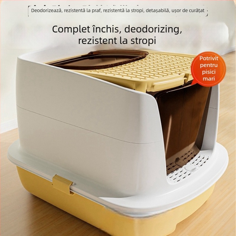 Cutie de nisip pentru pisici, intrare superioară, complet închisă, anti-stropire, control al mirosului, potrivită pentru pisicuțe