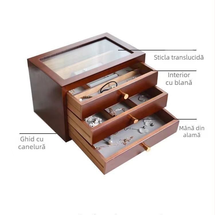 Cutie de bijuterii din lemn de paulownia, stil japonez, 3 sertare, model simplu