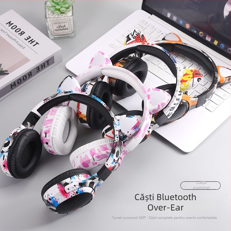 Căști Bluetooth cu urechi de pisică, montate pe cap, 40 mm difuzoare
