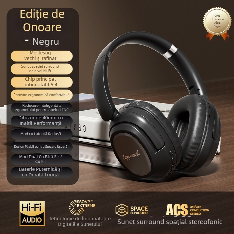 HANIZU Căști Bluetooth pentru cap, 5.4, stereo, cu microfon, latență redusă pentru esports, autonomie peste 8 ore