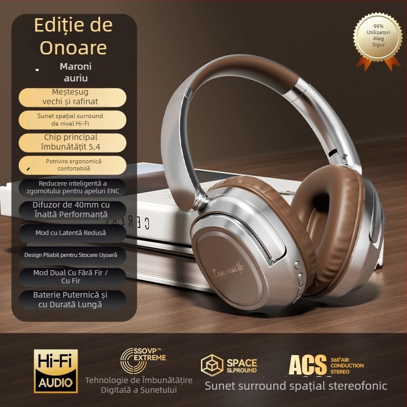 HANIZU Căști Bluetooth pentru cap, 5.4, stereo, cu microfon, latență redusă pentru esports, autonomie peste 8 ore