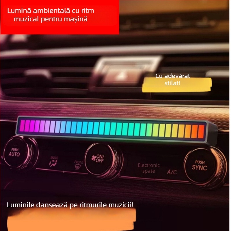 Lumină ambientală LED pentru mașină cu control vocal și ritm muzical — iluminat decorativ interior, corp din PVC, tensiune până la 36V, acoperire 1–3 m², certificare 3C