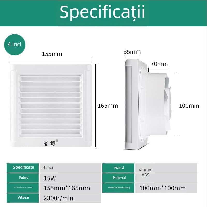Ventilator de baie cu lame frontale, montaj tip fereastră din sticlă, 220 V, 15/18/25 W, control mecanic