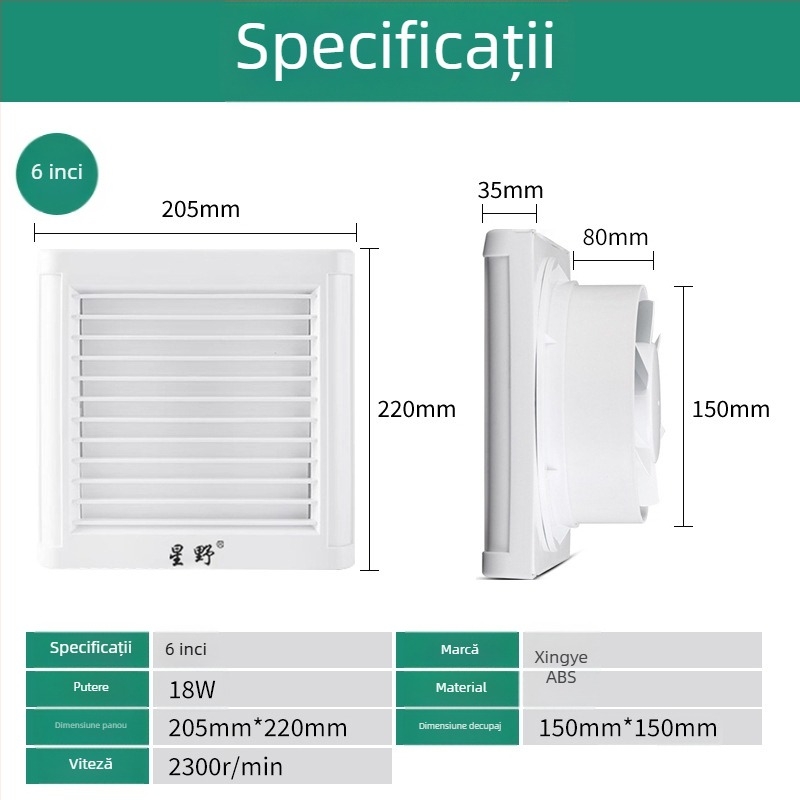 Ventilator de baie cu lame frontale, montaj tip fereastră din sticlă, 220 V, 15/18/25 W, control mecanic