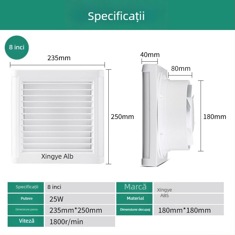 Ventilator de baie cu lame frontale, montaj tip fereastră din sticlă, 220 V, 15/18/25 W, control mecanic