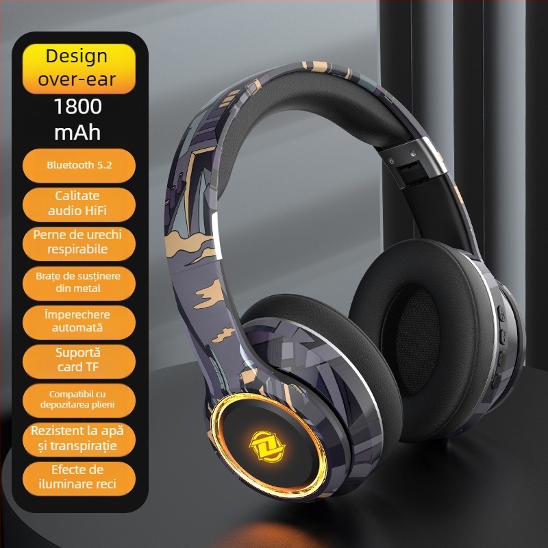 Căști Bluetooth CH888 – Bluetooth 5.2, slot pentru card, design pliabil, microfon încorporat, 3,5 mm AUX