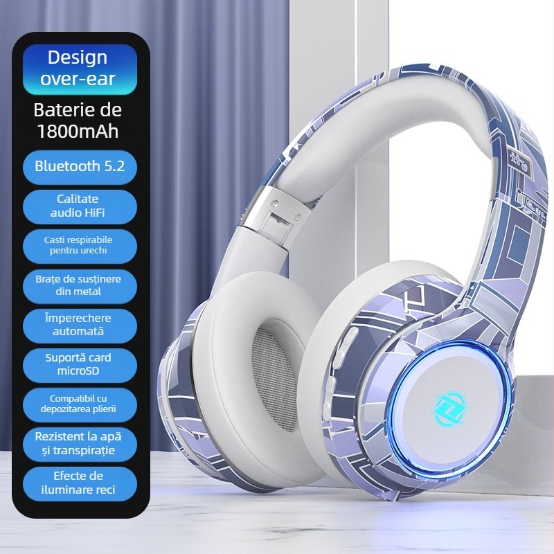 Căști Bluetooth CH888 – Bluetooth 5.2, slot pentru card, design pliabil, microfon încorporat, 3,5 mm AUX