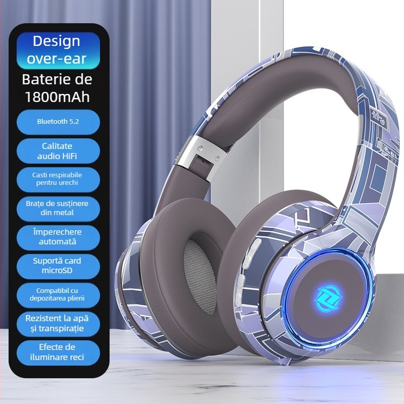 Căști Bluetooth CH888 – Bluetooth 5.2, slot pentru card, design pliabil, microfon încorporat, 3,5 mm AUX